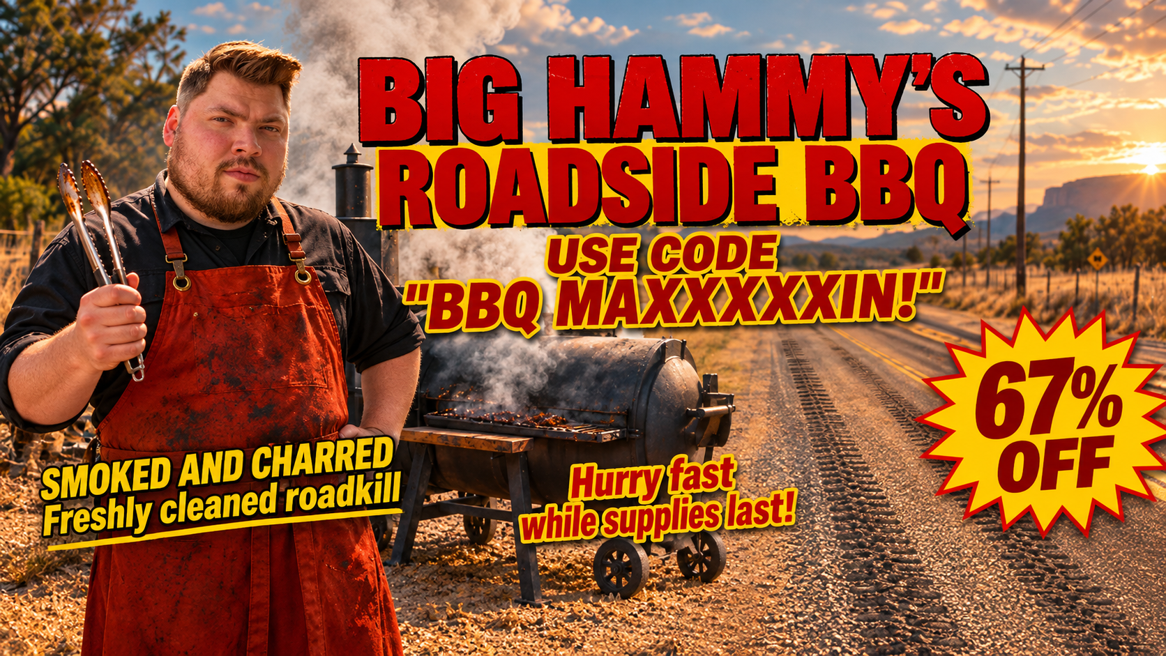 BIG HAMMY'S ROADSIDE BBQ. Smoked and charred freshly cleaned roadkill. 67% off with code BBQ MAXXXXXXIN!